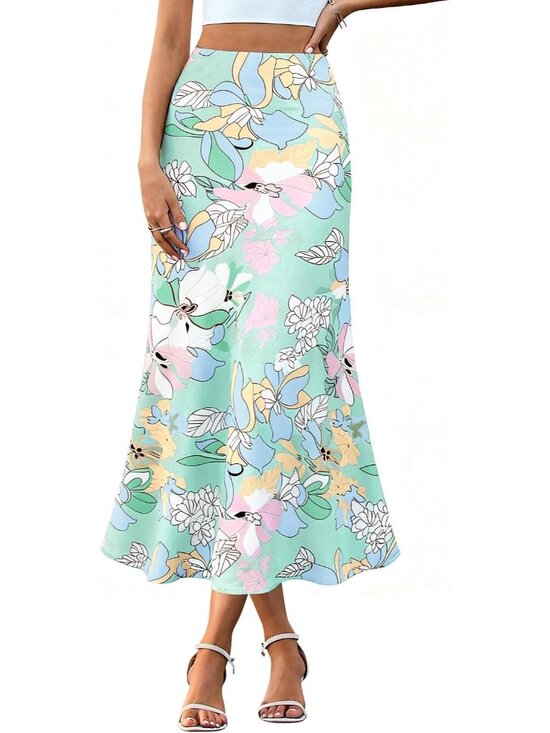 Dresses & Skirts - Women Big Floral Blue High Waisted A-Line Silky Flowy Bias Cut Satin Midi Skirt